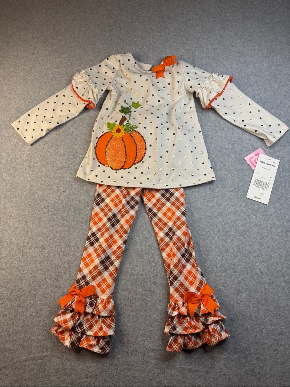 Rare Editions Orange & Cream Pumpkin Plaid Ruffle Set